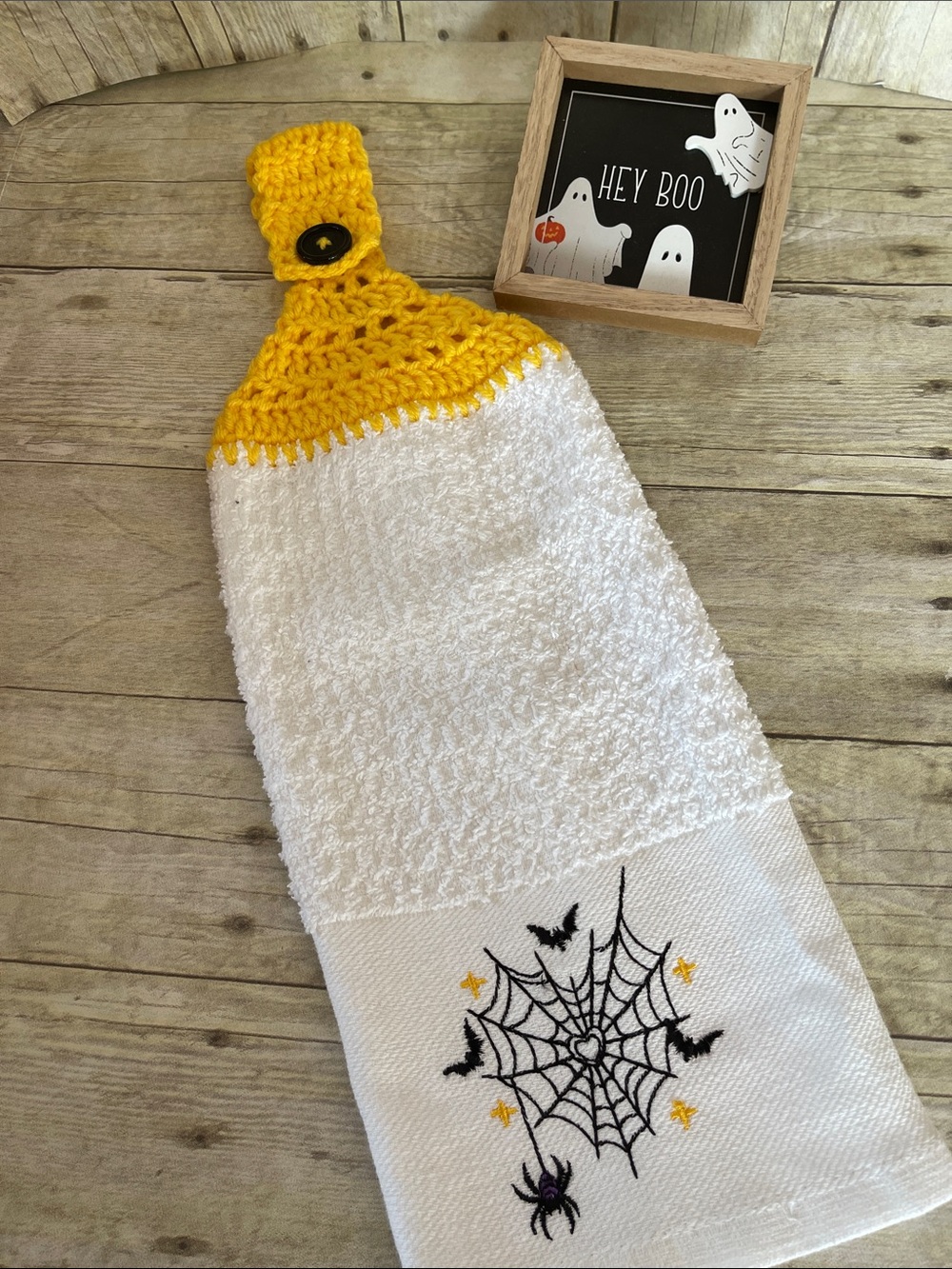 Crochet Top Halloween Spiders & Web Hanging Towel Double Thickness White